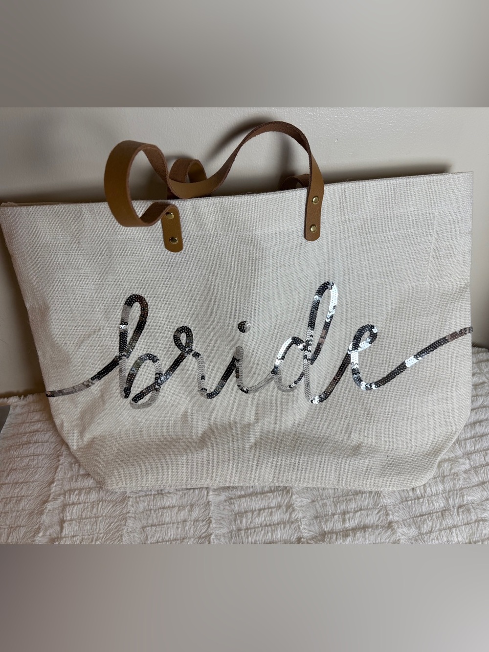 Mud Pie Bride Sequin Script Tote - Cream with Silver